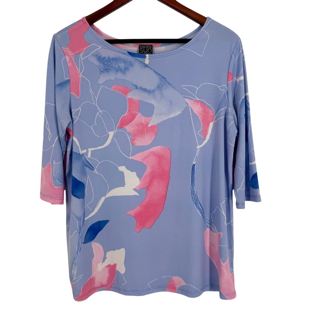 Clara Sun Woo Small Wearable Art to Wear Pink Lavender Stretchy Blouse shIRT toP